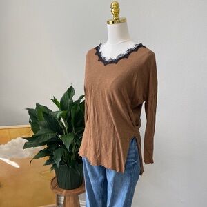 Brown Lace Trim Women's Top